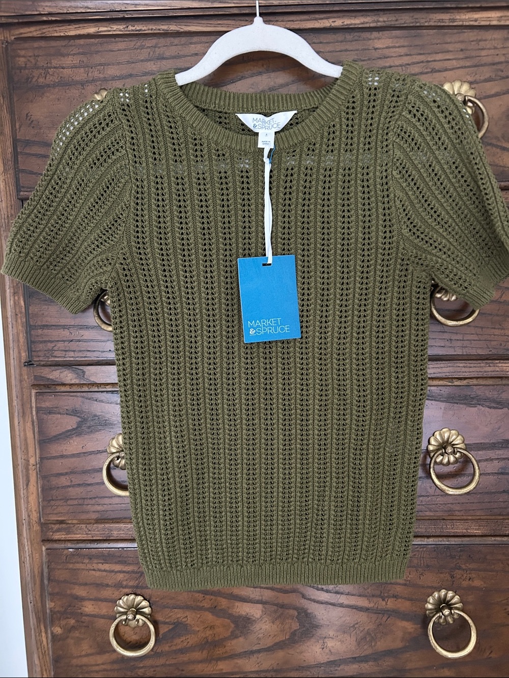 NWT Market & Spruce Olive Green Open-Knit Short Sleeve Crew Sweater, Size S
